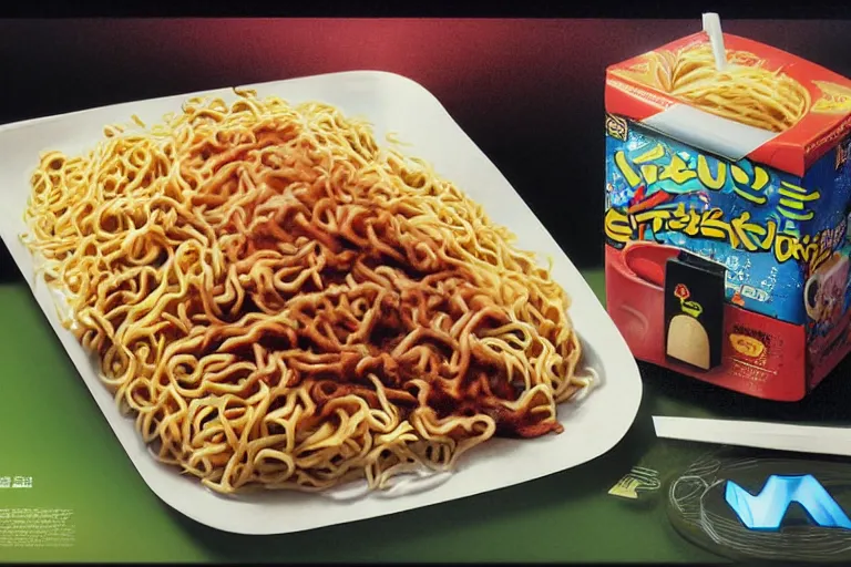 Image similar to mcdonald's yakisoba meal, in 1 9 9 5, y 2 k cybercore, advertisement photo. artwork by craig mullins