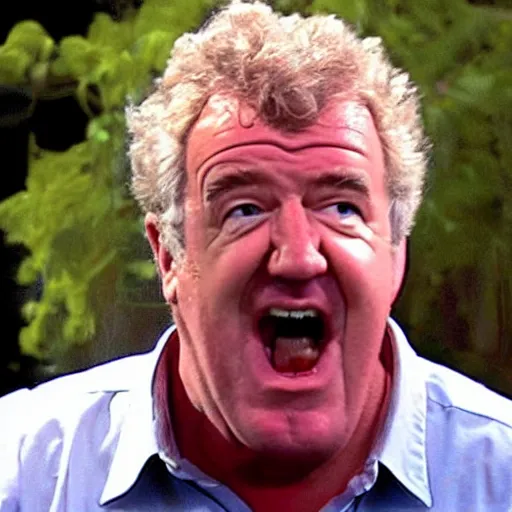 Image similar to jeremy clarkson screaming angry while trying to eat melted cheese