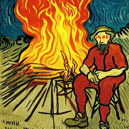 Image similar to painting of a man in hell making smores, by van gogh.