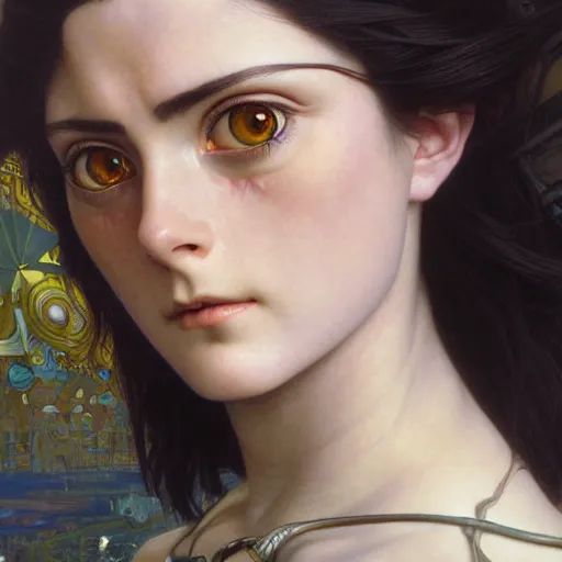 Image similar to Masterpiece head and shoulder portrait of battle angel Alita drawn by Donato Giancola and Tom Bagshaw, face by Artgerm and Edmund Leighton, Alphonse Mucha, background by James Jean and Gustav Klimt, 4k, porcelain skin, komorebi, french nouveau, trending on pixiv, octane render, hyperrealistic