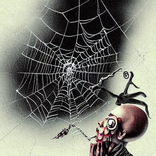 Prompt: spider with a human head smoking a pipe, spiderwebs, realistic, detailed