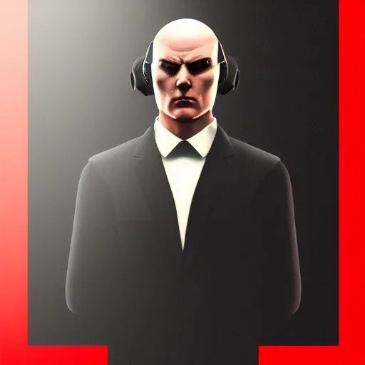 Image similar to a portrait of agent 4 7 from hitman wearing headphones, dark background, red rim light, highly detailed, smooth, sharp focus