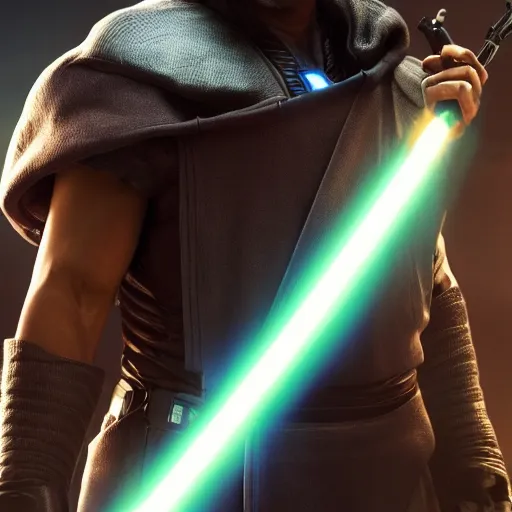 Image similar to will smith as a jedi, starwars, hyper detailed, digital art, trending in artstation, cinematic lighting, studio quality, smooth render, unreal engine 5 rendered, octane rendered