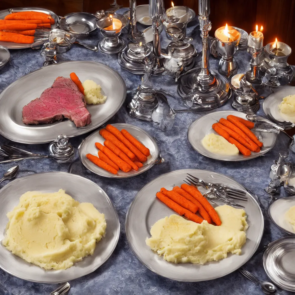 Prompt: single plate with prime rib, asparagus, mashed potatoes and gravy, and steamed carrots with blue table cloth and lit candles in ornate silver candlesticks, ultra - realistic, photo realism, professional photograph, extreme detail, deep focus, laser sharp, volumetric lighting, atmospheric, luxury, elite