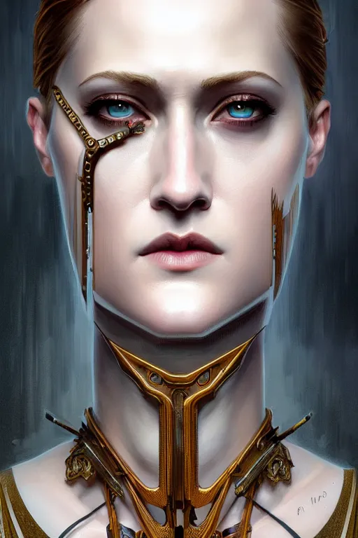 Image similar to symmetry!! portrait of evan rachel wood in the style of god of war, machine parts embedded into face, intricate, elegant, highly detailed, digital painting, artstation, concept art, smooth, sharp focus, illustration, art by artgerm and greg rutkowski and alphonse mucha, 8 k