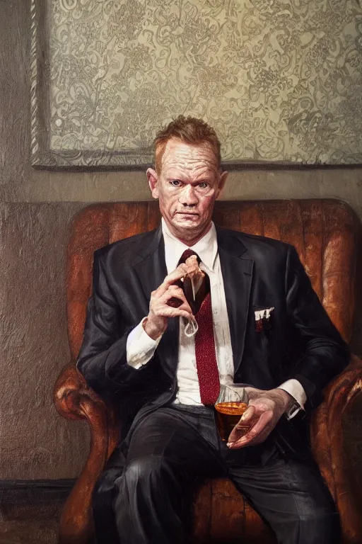 Image similar to still from tv show, retired barney, sitting in a lounge, sipping whiskey and smoking a cigar, oil on canvas, intricate, portrait, 8 k highly professionally detailed, hdr, cgsociety