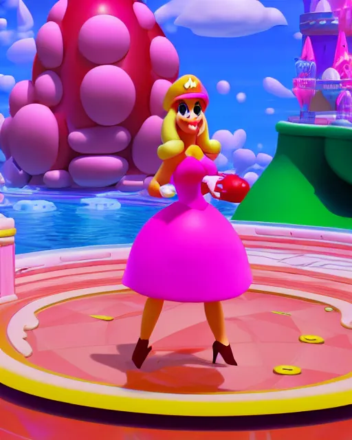 Prompt: film still of kim kardashian as princess peach in mario, vibrant high contrast, octane, arney freytag, cinematic, glamorous, backlit, rim lighting, 8k