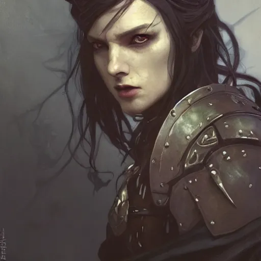 Prompt: portrait of a surly and resentful female tiefling thief with grit and small horns clothed in leather armor and a cloak, angry expression, by Greg Rutkowski and John Collier and Krenz Cushart and Artem Demura and Alphonse Mucha and Albert Aublet, as seen on ArtStation, 4k, dungeons and dragons, very aesthetic, very detailed, intricate, unreal, fantasy, dramatic, painterly, artstation, sharp focus, smooth