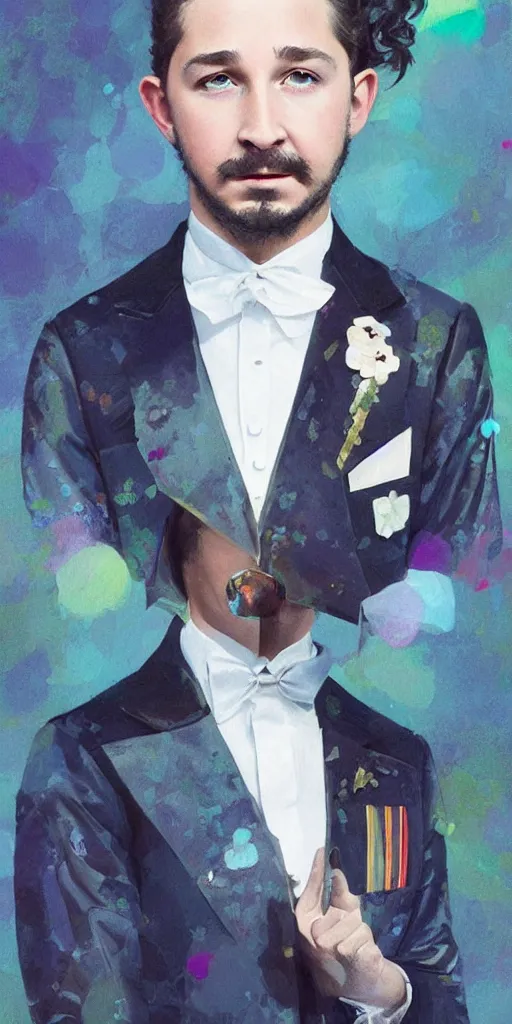 Prompt: a professional painting of Shia LaBeouf as a beautiful young prince, wearing an origami high fashion tuxedo, olive skin, buzzed short dark hair, beautiful bone structure, symmetrical facial features, intricate, elegant, digital painting, concept art, smooth, sharp focus, illustration, from Metal Gear, by Ruan Jia and Mandy Jurgens and Artgerm and William-Adolphe Bouguerea