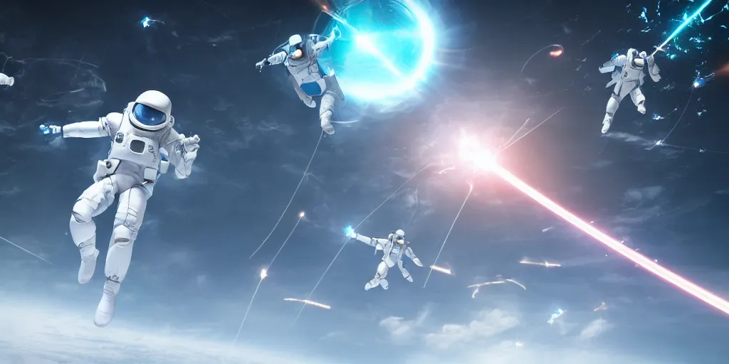 Image similar to futuristic spacemen firing lasers in zero gravity, skintight suits, floating, bright white light, floating white obstacles, surrounded by a laser grid, unreal engine, lensflares, low perspective