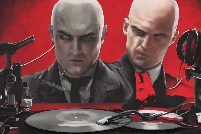 Image similar to an expressive portrait of agent 4 7 from hitman wearing headphones and putting a vinyl record onto a turntable, dark background, red rim light, digita, l