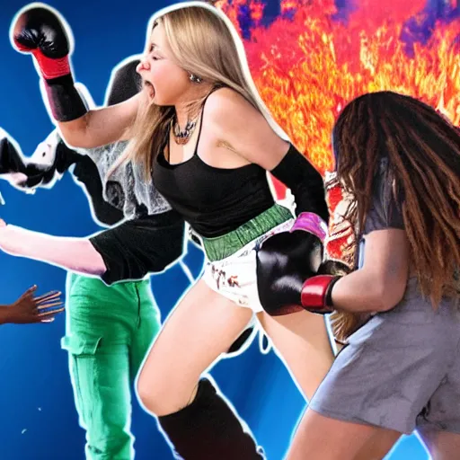 Image similar to highly detailed, avril lavigne punching kamala harris in a volcano, 4 k