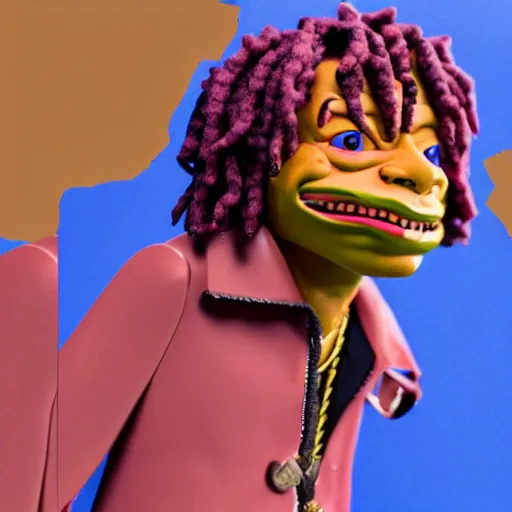 Image similar to a cinematic photograph still of trippie redd made out of clay, in claymation