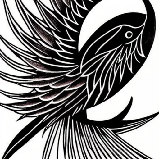 Image similar to tattoo design of black bird and crescent moon, highly detailed, intricate