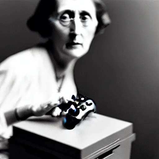 Prompt: Virginia Woolf breaking her PS4 controller after losing a game of Tekken