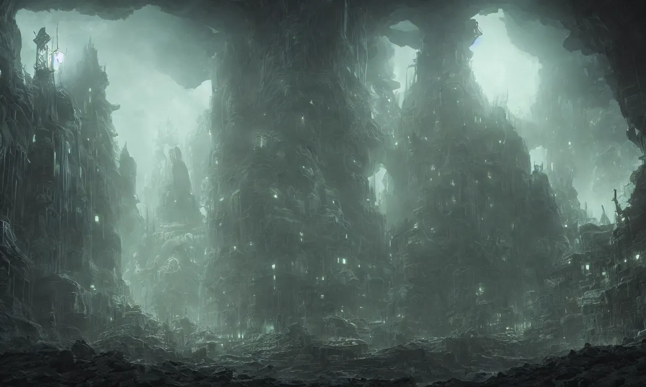 Prompt: a cinematic view of the eldritch subterranean city of r'lyeh. art by xin xiang and james paick, hyperrealism, spooky, dramatic lighting