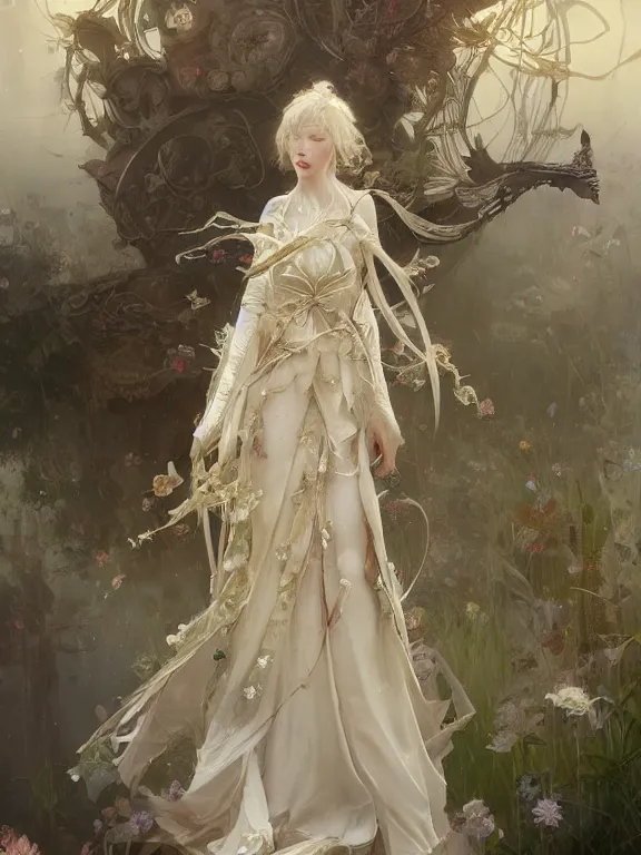 Image similar to Ruan Jia, Full view Ethereal Floralpunk elysian Maiden of radiant light wearing ivory dress made of stardust masterpiece 4k digital illustration, Mandy Jurgens, award winning, Artstation, art nouveau aesthetic, Alphonse Mucha background, intricate details, realistic, panoramic view, Hyperdetailed