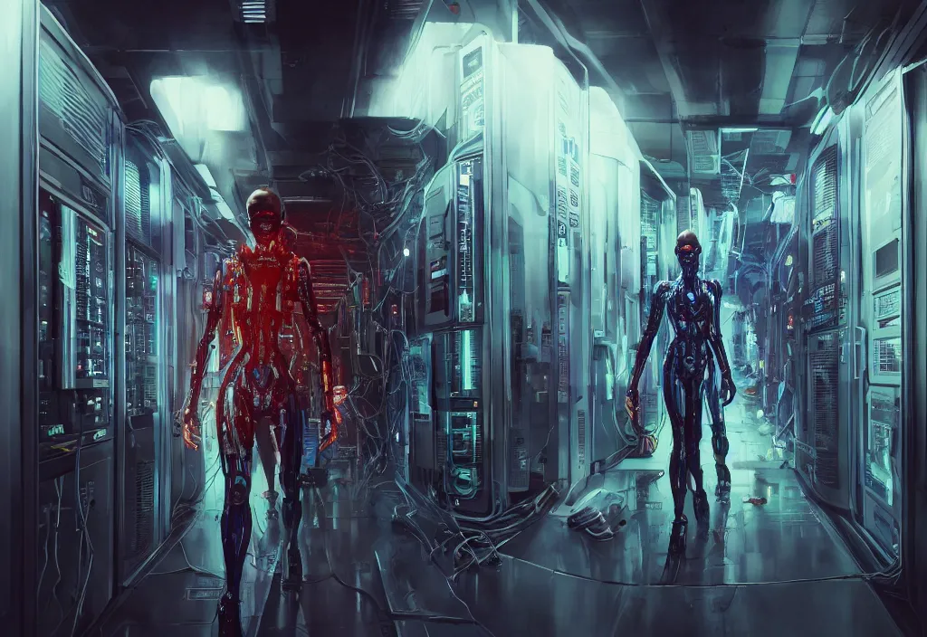 Prompt: shot of film by cyberpunk syle, realistic detailed human like a cyborg, whole body, whole figure, character design, walking in server room in datacenter painting concept art, symmetrical, vivid color, complementary color, detailed, sharp lines, trending on artstation, volumetric lighting, by karol bak, by yukito kishiro, octane render