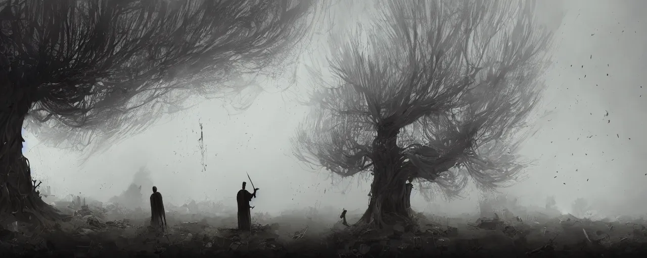 Prompt: duotone noir illustration 3 / 4 portrait of bald merchant demon sitting below willow tree in medieval brown tunic. hundreds of people silhouettes floating in air the foggy background. nightmare atmosphere, by sachin teng and sergey kolesov and ruan jia and heng z. graffiti art, scifi, fantasy, hyper detailed. octane render. concept art. trending on artstation