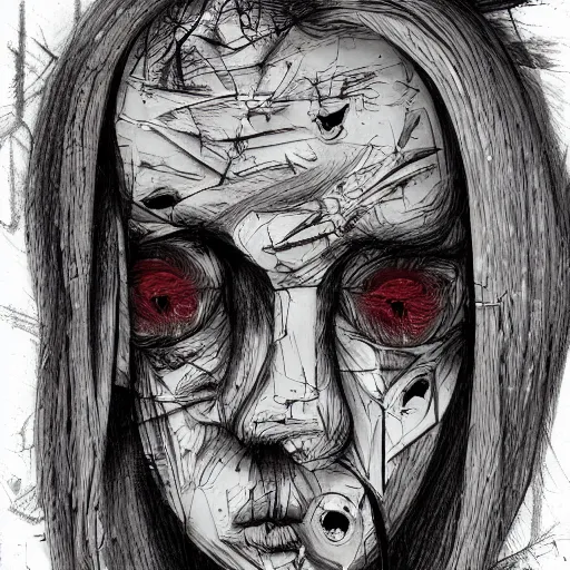 Image similar to multiple faces shredded like paper news scared, dark horror, surreal, drawing, painting,