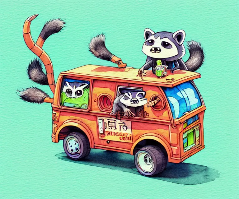 Prompt: cute and funny, / / / racoon / / / riding in a tiny garbage truck, ratfink style by ed roth, centered award winning watercolor pen illustration, isometric illustration by chihiro iwasaki, edited by range murata, tiny details by artgerm and watercolor girl, symmetrically isometrically centered, sharply focused