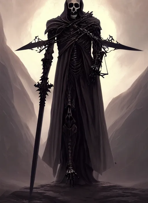 Image similar to portrait of a skeleton in a dark cloak holding a large translucent claymore sword made from the souls of the dead, intricate, elegant, highly detailed, digital painting, artstation, concept art, smooth, sharp focus, illustration, art by wlop, mars ravelo and greg rutkowski