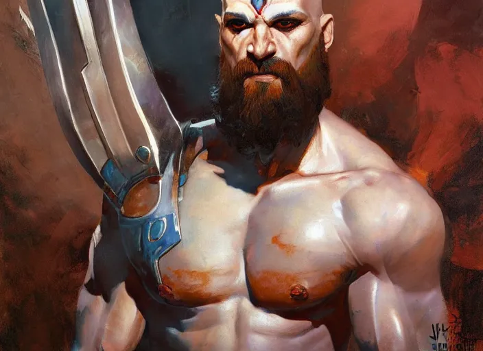 Prompt: a highly detailed beautiful portrait of kratos futuristic, by gregory manchess, james gurney, james jean