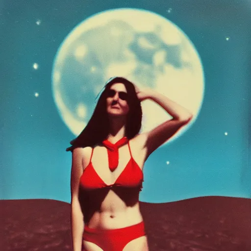 Image similar to vintage polaroid of a woman in a bikini on the surface of the moon landing, detailed clouds, warm azure tones, red color bleed, film grain
