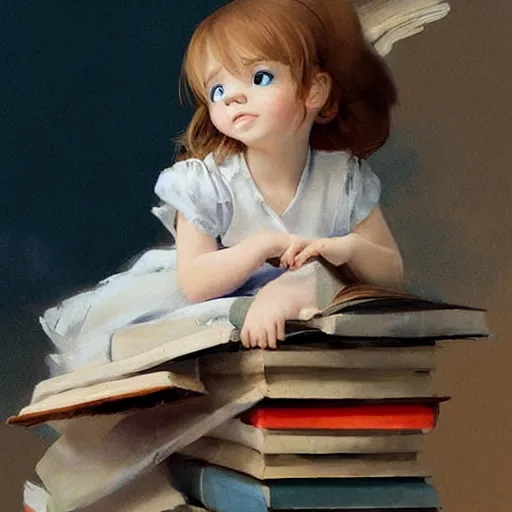 Prompt: a cute little girl with a round cherubic face, blue eyes, and short wavy light brown hair sitting on top of a stack of books. beautiful cartoon painting with highly detailed face by quentin blake and greg rutkowski