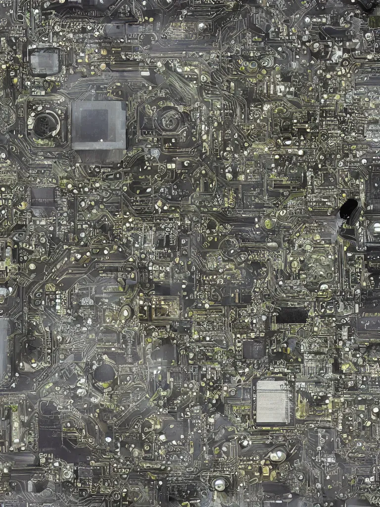 Image similar to big technology, intricate circuit board, cpu, bios chip, led, lcd display, integrated circuits, cmos, capacitors, intricate concept art matte painting, cyberspace, nature grotesque dark