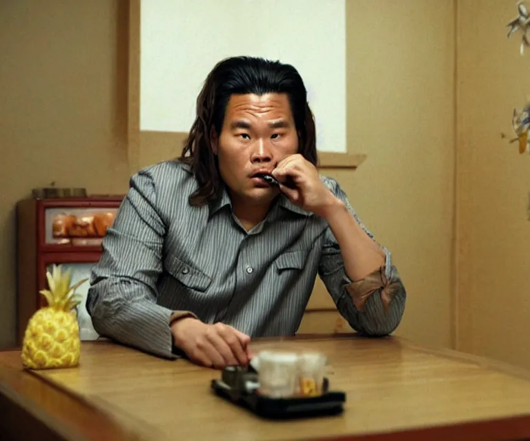 Image similar to hyperralism pineapple express movie still photography of real detailed north korean kim chen with detailed face smoking detailed weed in detailed basement bedroom