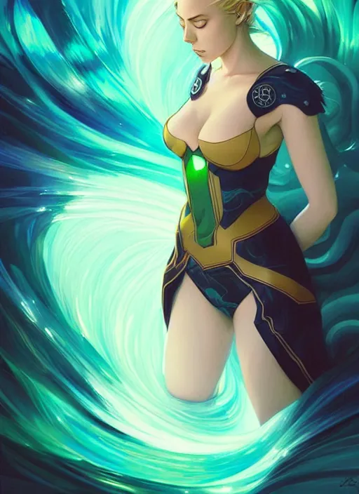 Prompt: style artgerm, joshua middleton, illustration, scarlett johansson as artificer wearing green pelt light armor, anime eyes, blue hair, swirling water cosmos, fantasy, dnd, cinematic lighting