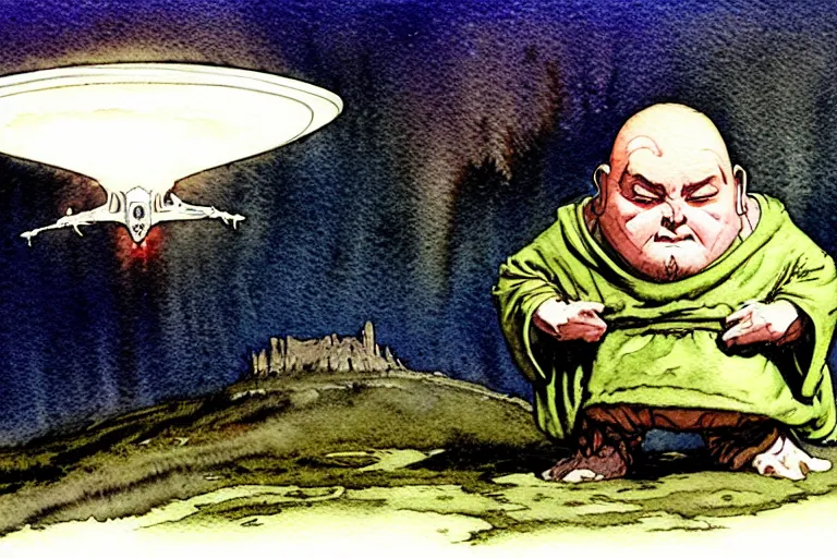 Image similar to a realistic and atmospheric watercolour fantasy character concept art portrait of a short fat chibi alien wearing robes emerging from the mist on the moors of ireland at night. a ufo is in the sky. by rebecca guay, michael kaluta, charles vess and jean moebius giraud