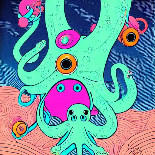 Prompt: an neon coloured adorable super cute baby octopus by feng zhu and loish and laurie greasley, victo ngai, andreas rocha, john harris