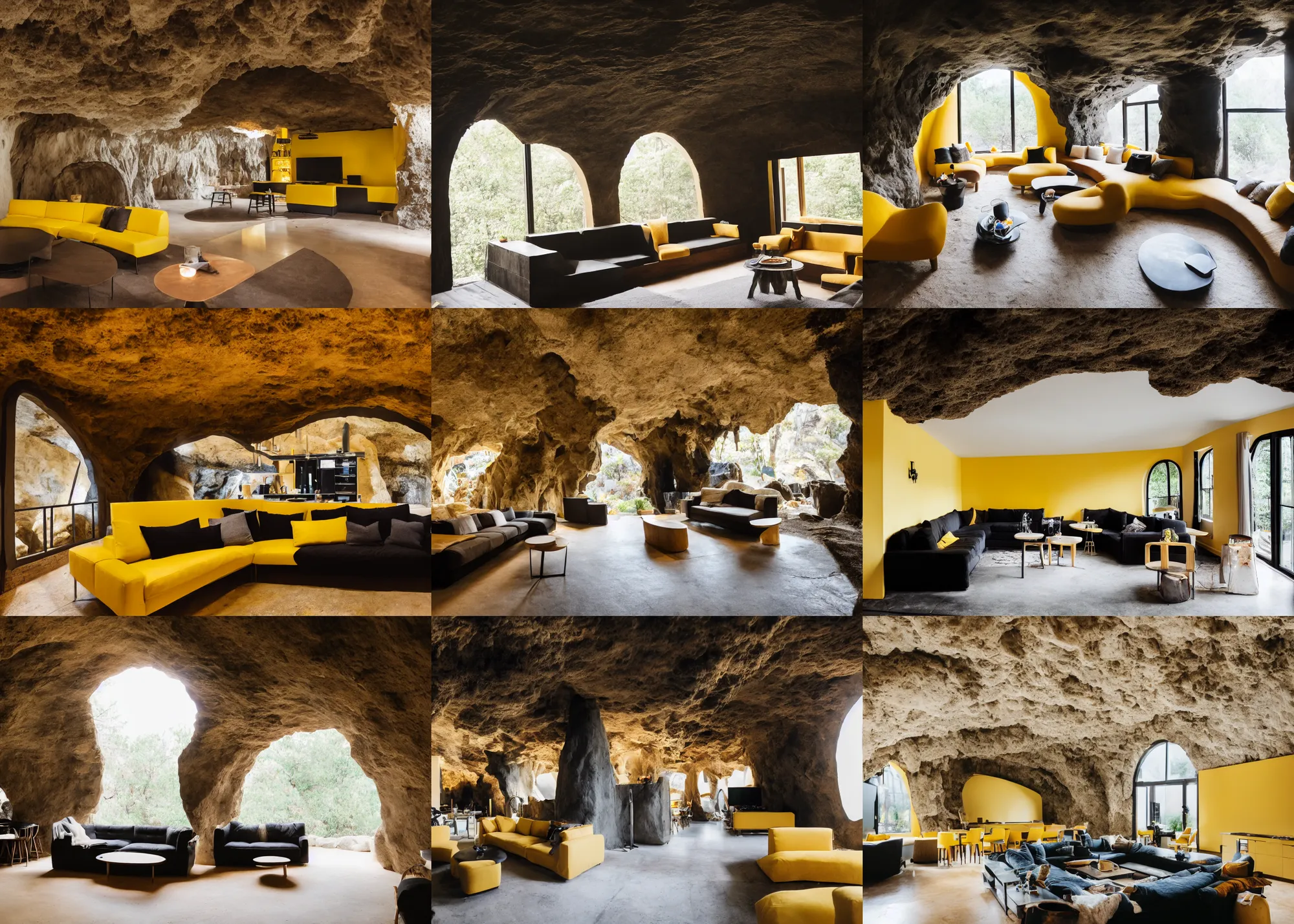 Prompt: subject level photography of the interior of a modern house inside a cave, comfort yellow light, black furniture, arched tinted windows, a bar in the kitchen, big black couch