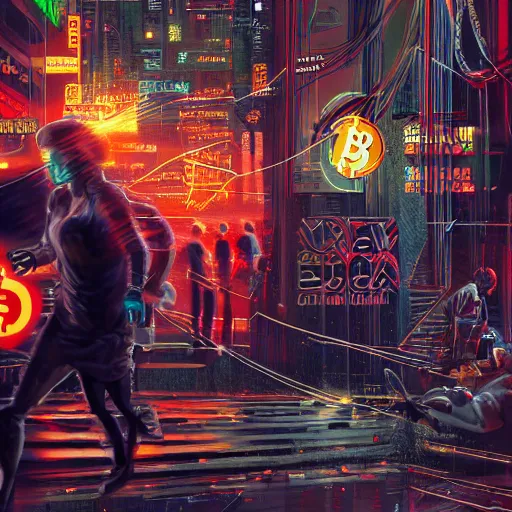 Image similar to crowd running scared from bitcoin, cyberpunk art, hyper-realistic, 4k