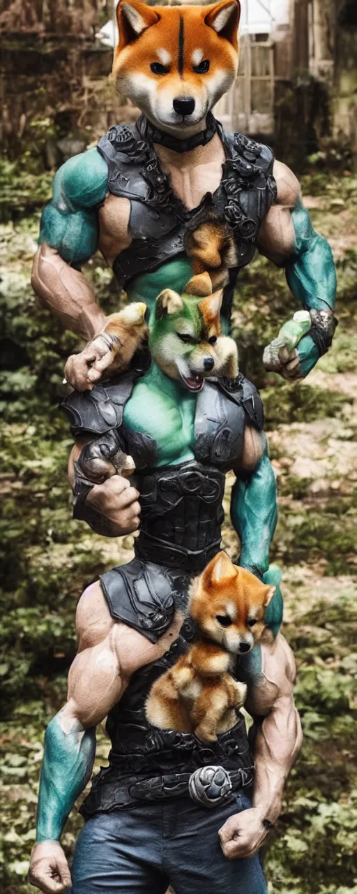Prompt: a fantasy character with a cute shiba inu head and the incredible hulk body ， cinematic ， unreal 5 ， photography ， 5 5 mm ， aperture f 1. 4