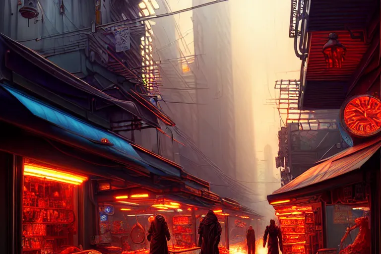 Image similar to a highly detailed bazaar street in the cyberpunk city of new washington, amazing cyberpunk digital painting, by gerald brom, brom digital art, intricate details, ultra realistic, beautiful art, volumetric lighting, ultra realistic, by art germ, warm colors advance cool colors recede, by brom, trending cgsociety, artstation, rim lighting, 8 k