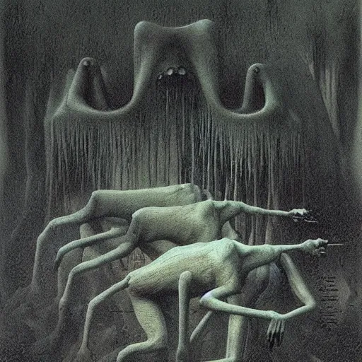 Image similar to horrifying creatures devouring humans painting by Zdzisław Beksiński