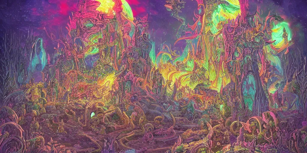 Image similar to list of colouring pages from the otherworldly fantasy items book, glowing lights, epic fantasy, colorfully, detailed illustration, digital art, highly saturated colors, overdetailed art, concept art, detailed illustration, hd, 4 k, digital art, greg rutkowski, dan mumford, trending on artstation