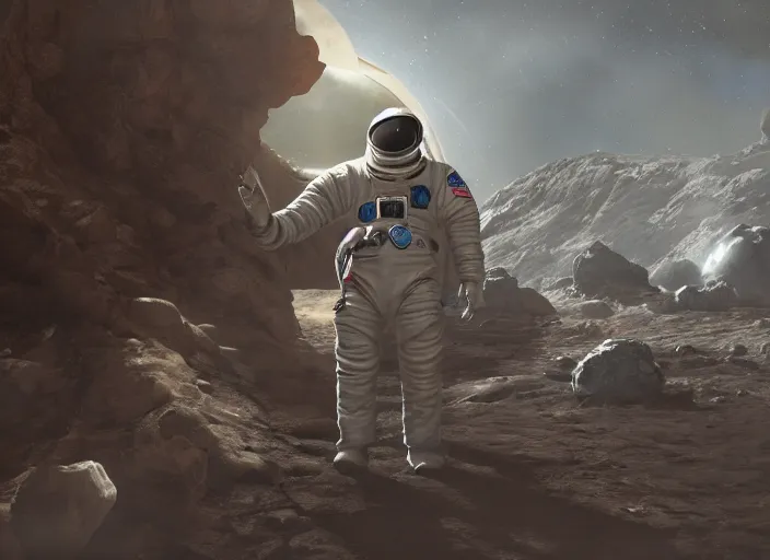 Prompt: still of christian holy astronaut wearing a space suit during the first space mission in world war one, mars setting, dieselpunk, concept art, artstation, stephen bliss, unreal engine, game screenshot