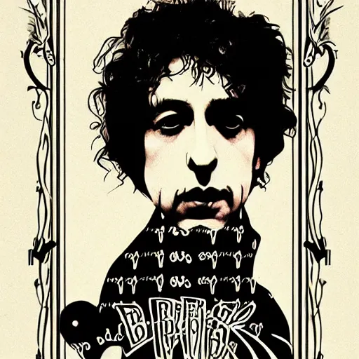 Prompt: art nouveau portrait of bob dylan by paul rand