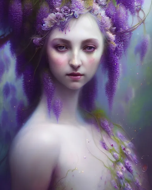 Prompt: Full View Portrait Mystical ethereal wisteria deity wearing beautiful dress, wisteria Dryad, 4k digital masterpiece by Anna dittman and Ruan Jia and Alberto Seveso, fantasycore, Hyperdetailed, realistic oil on linen, soft lighting, wisteria background, featured on Artstation