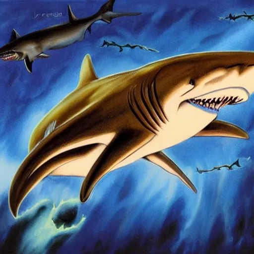 Image similar to julie bell illustration of a shark, Alien mouth