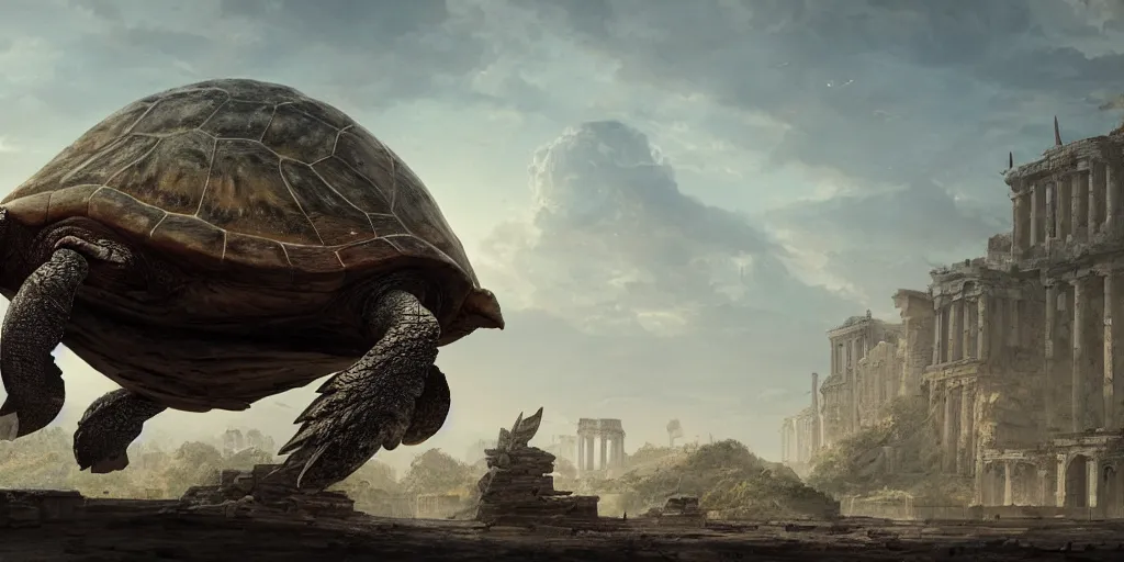 Image similar to huge ancient turtle with an abandoned city on its back, greg rutkowski, 8 k, shallow depth of field, intricate detail, concept art,