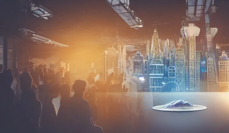 Image similar to crowd of people in simple white museum, looking at hologram of futuristic city on a table, cinematic concept art, godrays, golden hour, natural sunlight, 4 k, clear details, tabletop model buildings, center model buildings, hologram center, crane shot, crane shot, crane shot, white walls