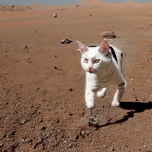 Prompt: cat wearing a spacesuit while walking on martian soil