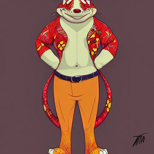 Image similar to in the style of artgerm, loish, anthropomorphic alligator, red scales on his back, yellow scale on his belly and chest, male, waring a hawaiian shirt, in the style of zootopia