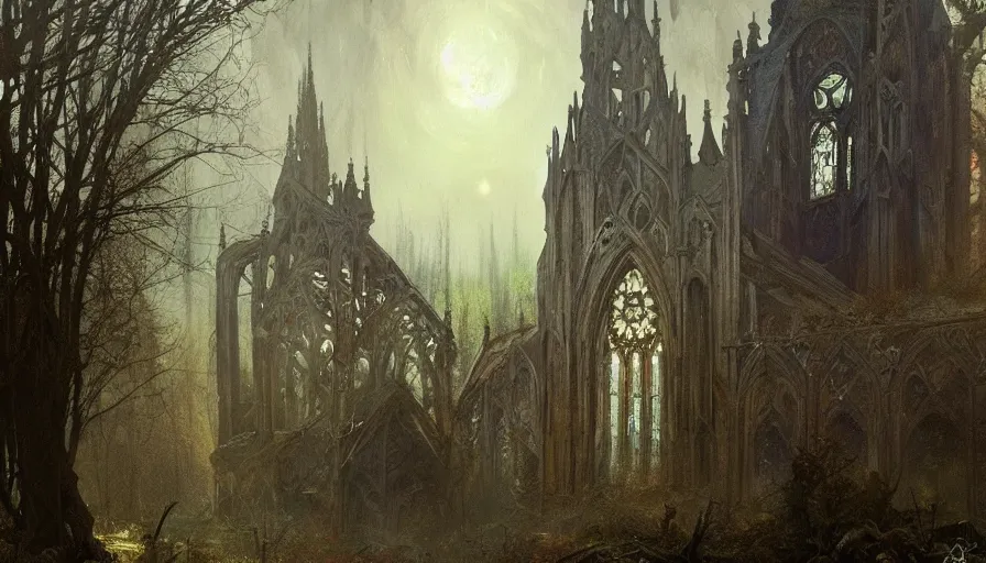 Prompt: a beautiful intricate painting of a abandoned gothic church, in dark evil fantasy forest, reflections, very high details by william turner art, greg rutkowski and alphonse mucha, trending on artstation, very very detailed, masterpiece,