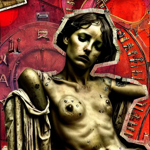 Prompt: steam punk roman pieta, contemporary collage, highly detailed, digital painting, 4 k, hdr, punk, fashion, smooth, sharp focus, art by nick knight, sandra chevrier and john hoyland